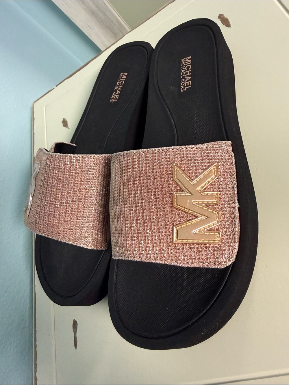 Michael Kors MK Rose Gold Glitter Platform Slide Sandals Adjustable Sz7?